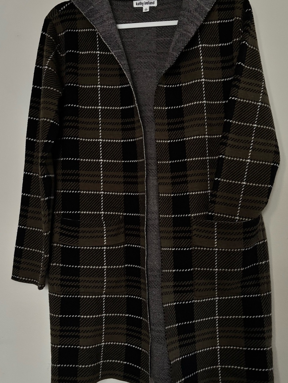Kathy Ireland Dark Olive  Brown. Black Plaid Hooded Trench Coat -size in L